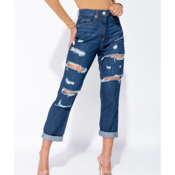 Denim - Blue High Waist Ripped Distressed Cuffed Boyfriend Jeans Denim Pants
